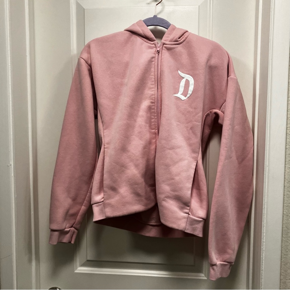 Pink Hooded Zip-Up Sweatshirt with White 'D' Logo
